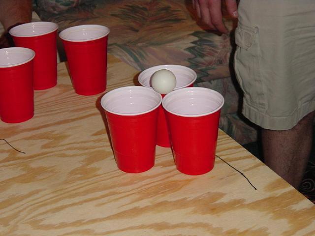 Most amazing thing to ever happen in beer pong... The ball, is balanced between three cups.